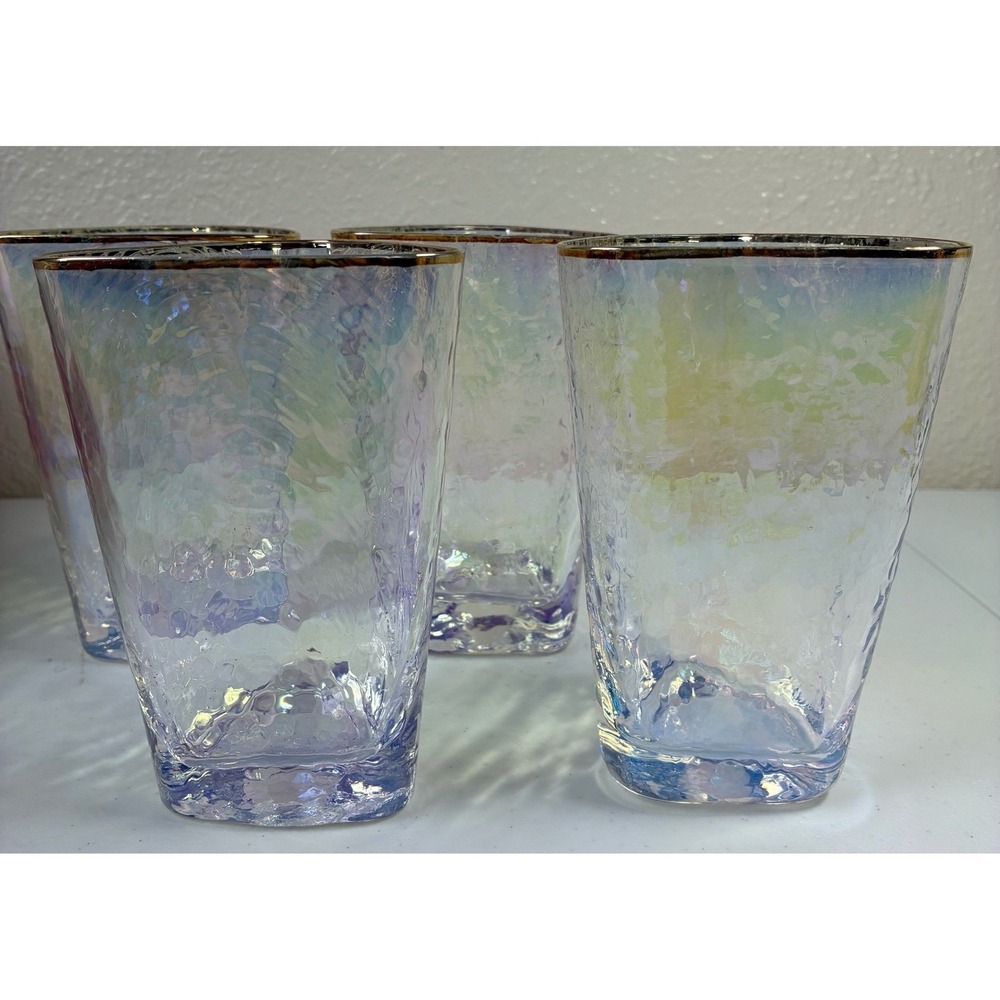 Cocktail Iridescent Triangular Hammered Glass Tumblers 4 Gold Rim Highball 12 oz